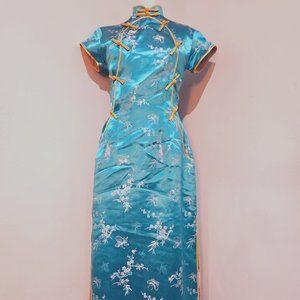 Traditional Formal Silk Chinese Gown with Silver Butterfly and Flower Embroidery